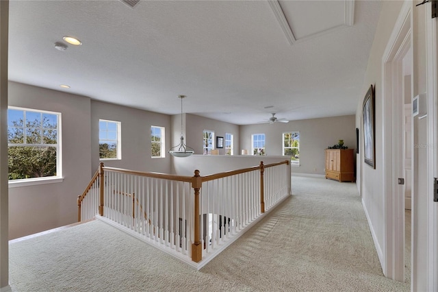 corridor featuring light carpet, baseboards, and a textured ceiling