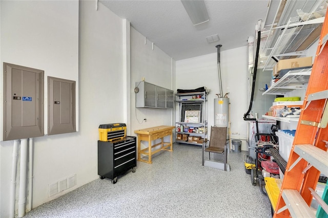 storage featuring visible vents, gas water heater, and electric panel