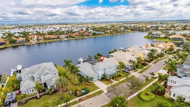 bird's eye view with a water view and a residential view