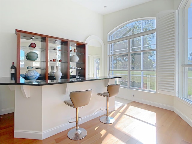 bar featuring light wood finished floors and baseboards