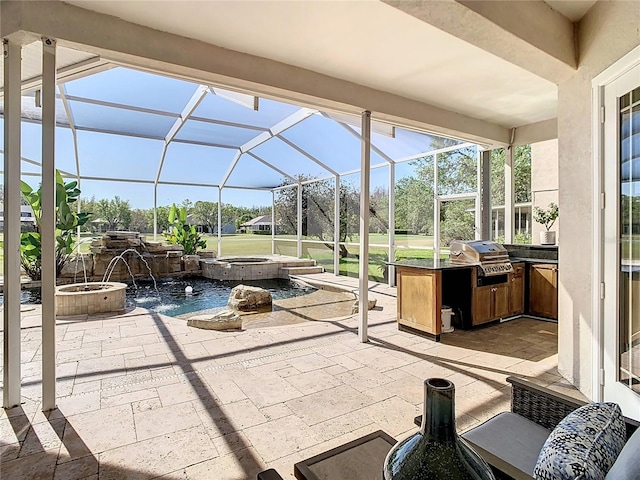 view of patio / terrace with a lanai, a pool with connected hot tub, and grilling area