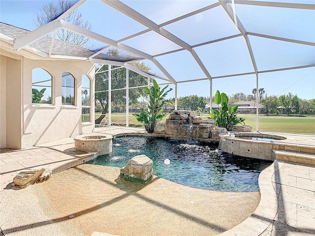 18111 Diamond Cove Ct, Tampa, FL 33647 - view of swimming pool with a pool with connected hot tub, glass enclosure, a patio, and a garden pond