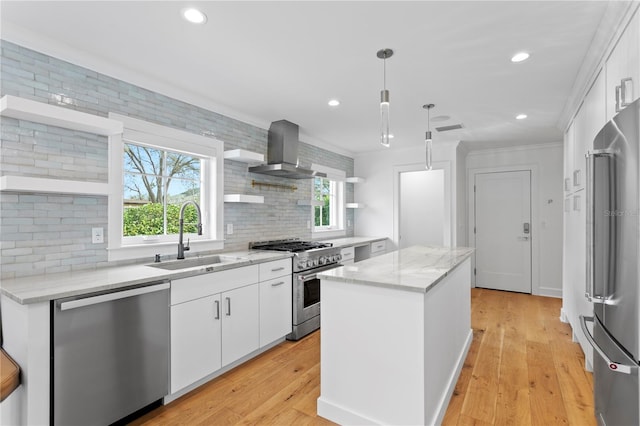 kitchen featuring wall chimney exhaust hood, white cabinetry, appliances with stainless steel finishes, and open shelves