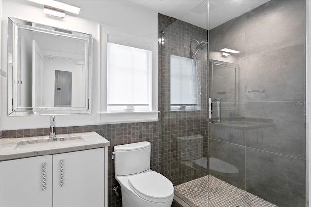 bathroom with toilet, a stall shower, tile walls, and vanity