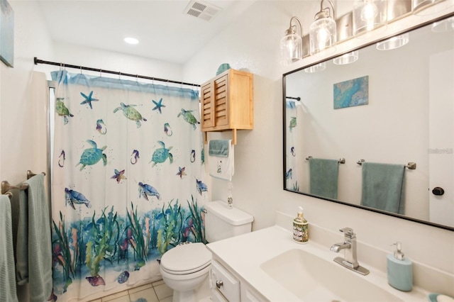 bathroom with visible vents, toilet, shower / bath combo, vanity, and tile patterned flooring