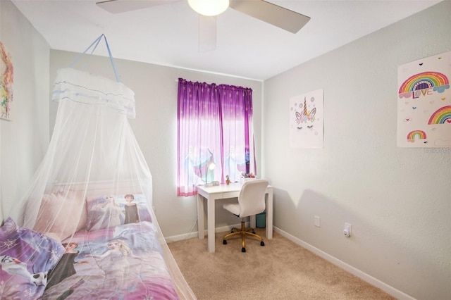 bedroom featuring carpet flooring, ceiling fan, and baseboards