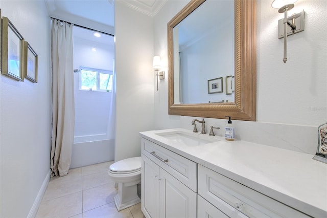 bathroom featuring shower / bathtub combination with curtain, toilet, ornamental molding, vanity, and tile patterned floors