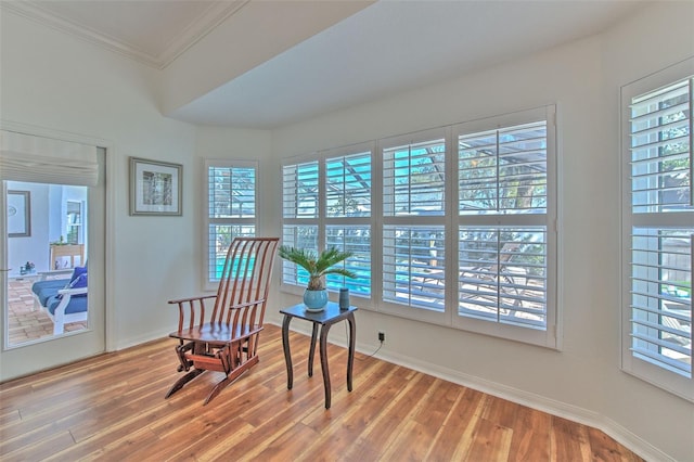 sitting room featuring ornamental molding, light wood-style flooring, and a healthy amount of sunlight