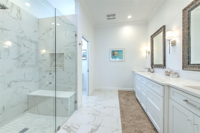 full bath featuring a marble finish shower, visible vents, marble finish floor, crown molding, and a sink