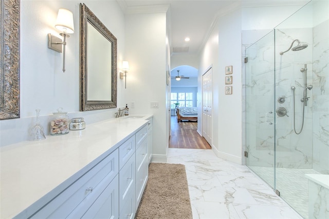 full bathroom with a marble finish shower, baseboards, ornamental molding, ensuite bathroom, and marble finish floor