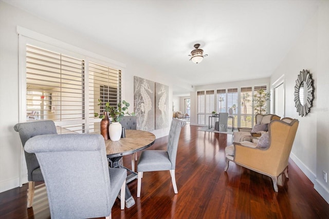 dining room featuring dark wood-type flooring and baseboards