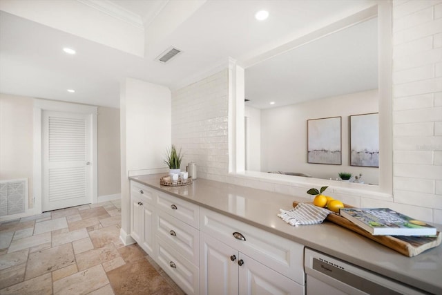 bathroom featuring recessed lighting, stone tile flooring, and visible vents