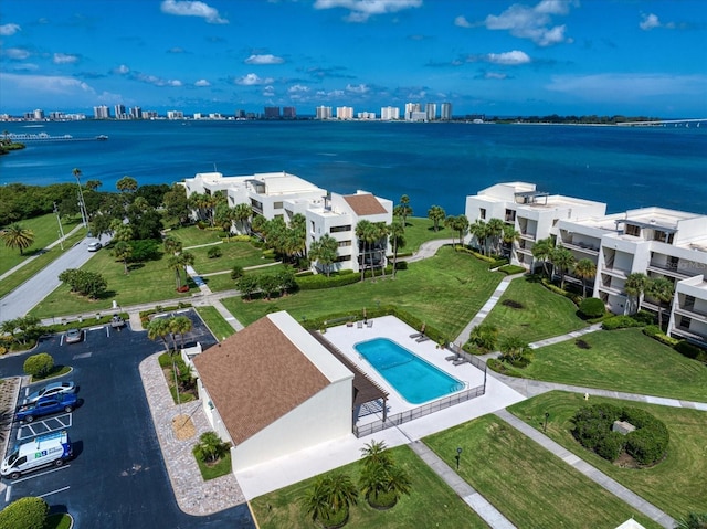 aerial view with a view of city and a water view