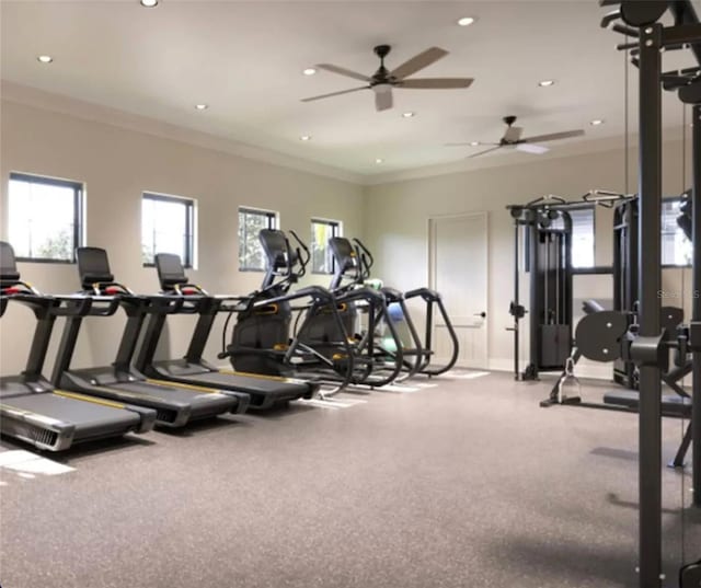 workout area featuring recessed lighting, baseboards, ceiling fan, and ornamental molding