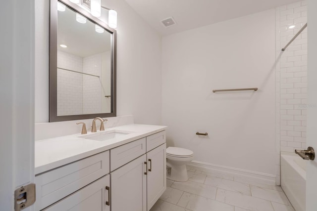 full bathroom featuring marble finish floor, visible vents, toilet, vanity, and baseboards