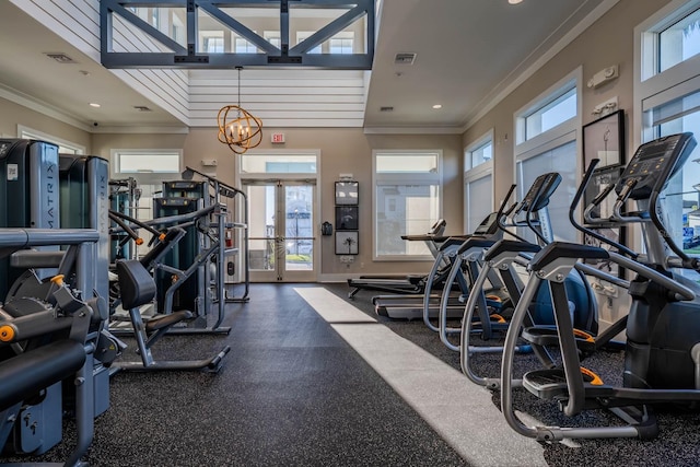 gym featuring recessed lighting, visible vents, baseboards, french doors, and ornamental molding