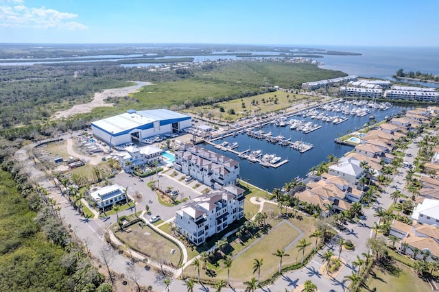 bird's eye view with a water view