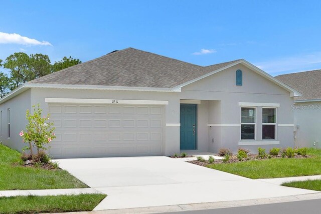 1931 Rosewood Cir, Lakeland, FL 33810 - ranch-style home with a shingled roof, an attached garage, driveway, and stucco siding