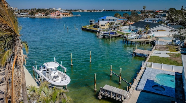 dock area featuring a water view, boat lift, and fence