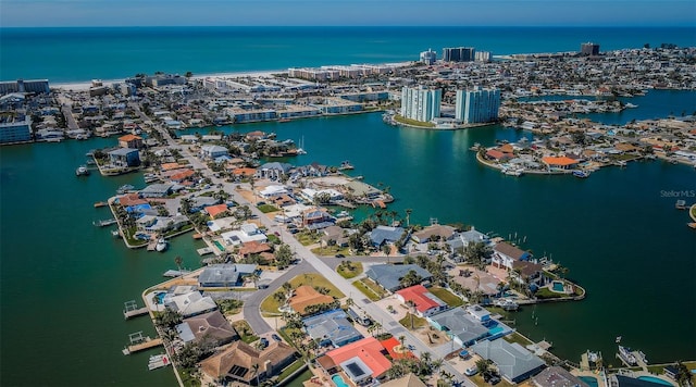 aerial view with a water view and a city view