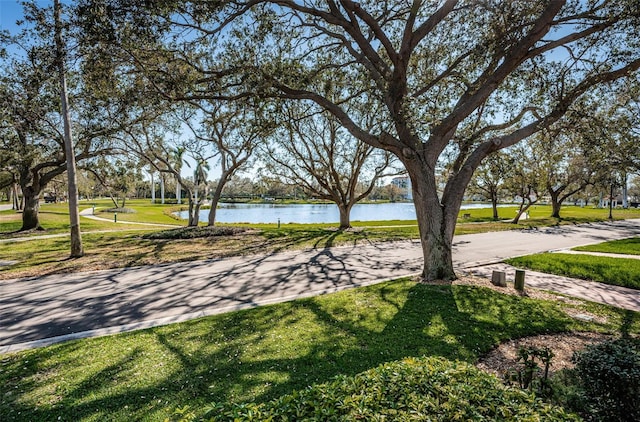 view of home's community featuring a water view and a lawn