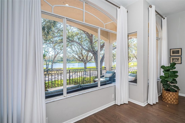 entryway with dark wood-style flooring, a water view, and baseboards