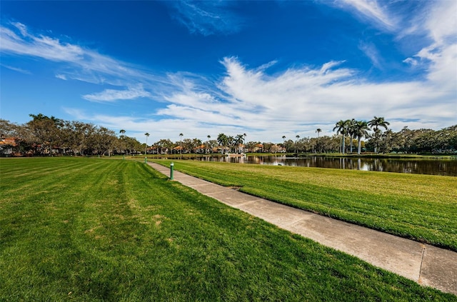 view of community featuring a water view and a yard