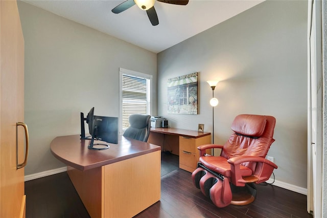 office space featuring ceiling fan, baseboards, and dark wood finished floors