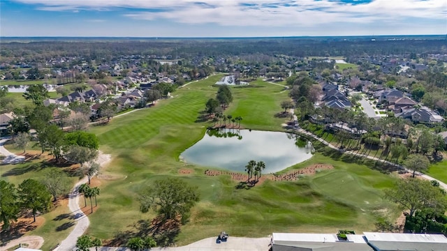 bird's eye view featuring a water view and view of golf course