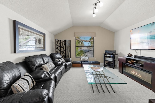 carpeted living area with vaulted ceiling and a textured ceiling