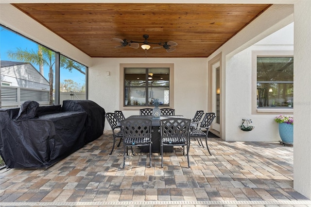 sunroom / solarium featuring ceiling fan and wood ceiling