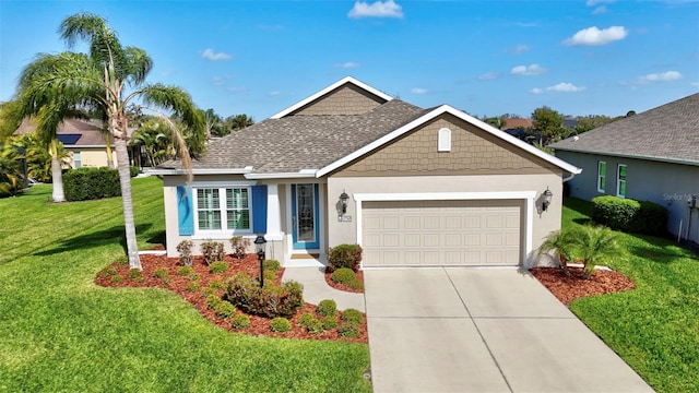 single story home featuring an attached garage, a shingled roof, concrete driveway, stucco siding, and a front yard