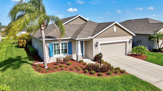 ranch-style home with a garage, driveway, a shingled roof, stucco siding, and a front yard