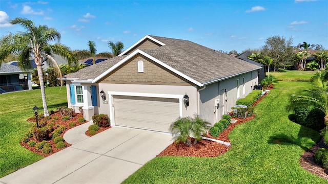 view of front of house featuring stucco siding, a shingled roof, concrete driveway, an attached garage, and a front lawn