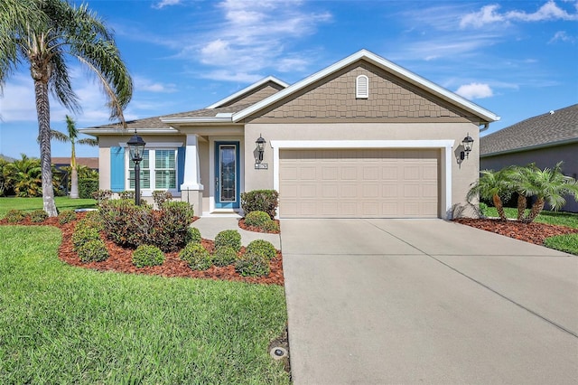 view of front of house featuring driveway, an attached garage, a front lawn, and stucco siding