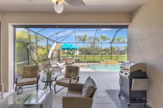 interior space featuring an outdoor pool, a ceiling fan, area for grilling, glass enclosure, and an outdoor living space