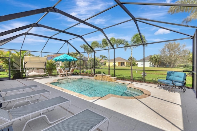 pool with a patio, a yard, and glass enclosure