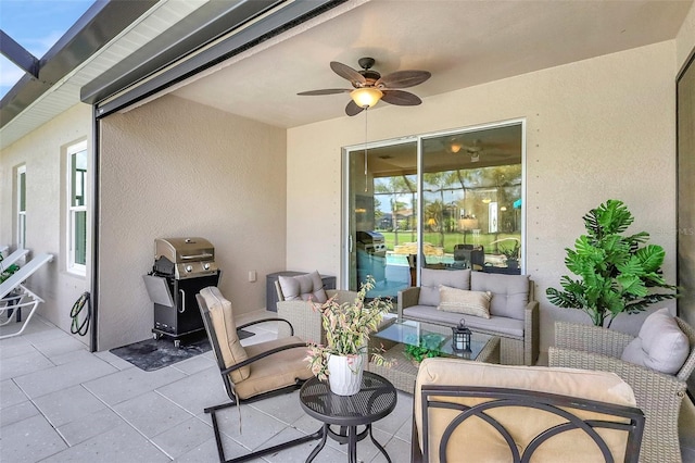 view of patio / terrace with outdoor lounge area, ceiling fan, and grilling area