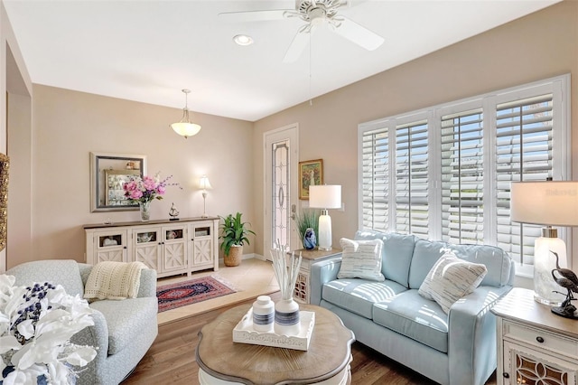 living area with ceiling fan, baseboards, and wood finished floors