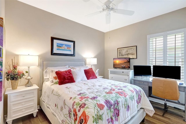 bedroom with ceiling fan and wood finished floors