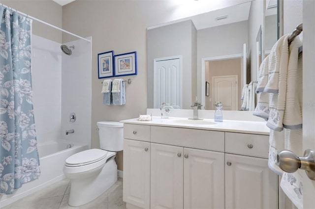 bathroom with shower / bath combination with curtain, visible vents, toilet, vanity, and tile patterned flooring