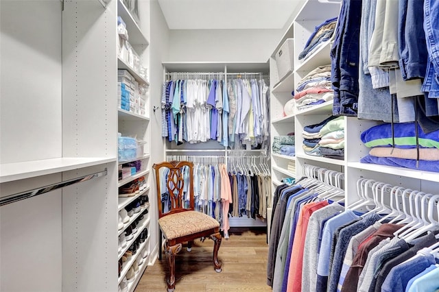 walk in closet with wood finished floors