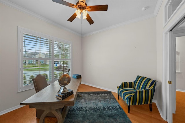 11815 Marblehead Dr, Tampa, FL 33626 - office featuring a ceiling fan, ornamental molding, baseboards, and wood finished floors