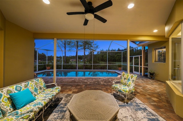 11815 Marblehead Dr, Tampa, FL 33626 - pool with outdoor lounge area, ceiling fan, a lanai, and a patio