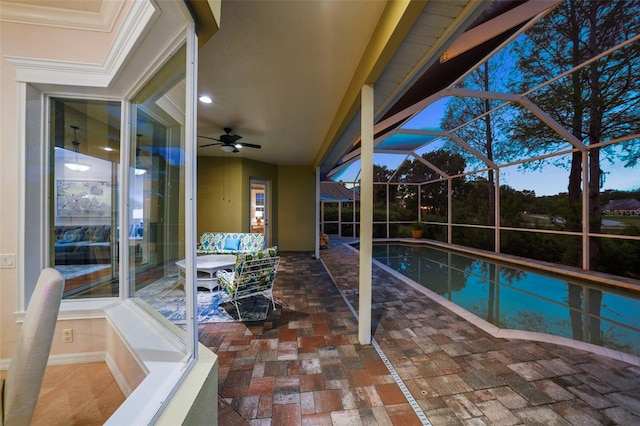 11815 Marblehead Dr, Tampa, FL 33626 - pool featuring a lanai, ceiling fan, and a patio