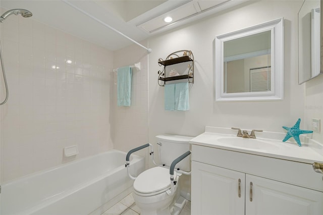 full bath featuring toilet, tile patterned flooring, vanity, and shower / bathing tub combination