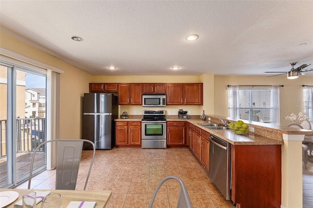 kitchen with a healthy amount of sunlight, a peninsula, appliances with stainless steel finishes, and a sink