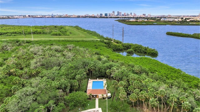 aerial view featuring a water view and a city view