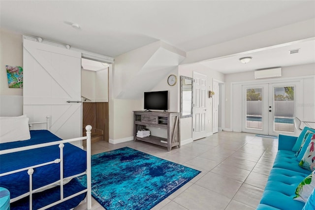 tiled bedroom featuring a wall mounted air conditioner, french doors, baseboards, access to exterior, and visible vents