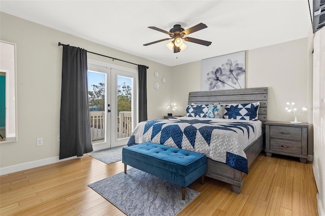 bedroom with wood finished floors, french doors, baseboards, access to outside, and ceiling fan